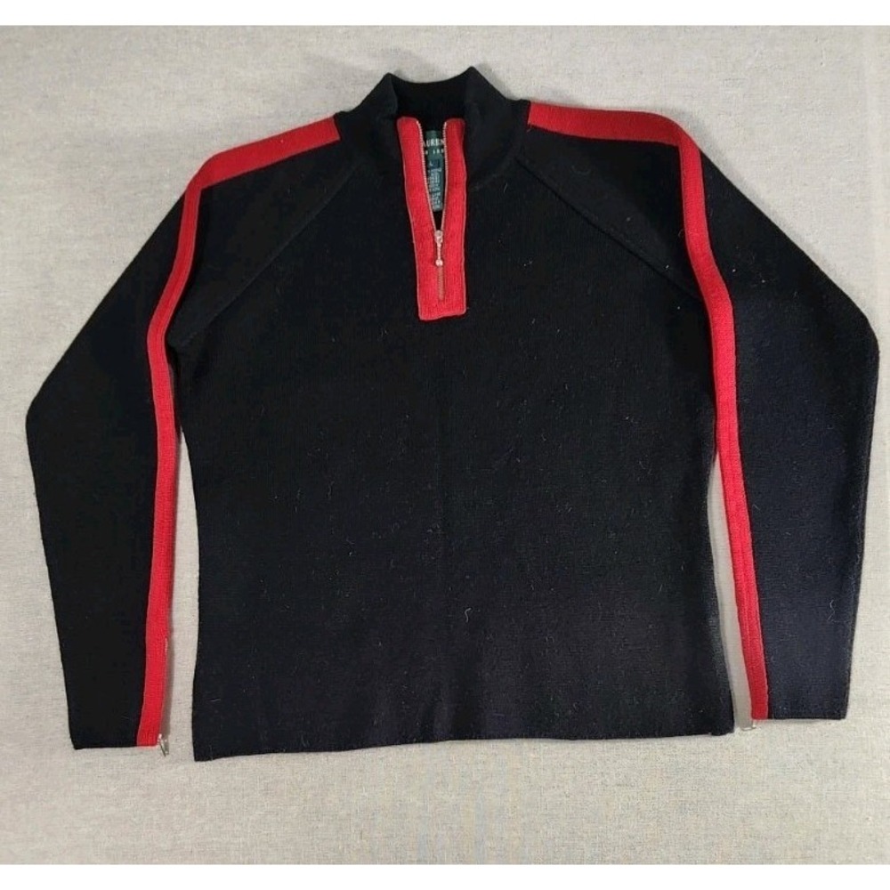 Lauren Ralph Lauren Merino Wool Womens Sweater Sz Large Black Red 1/4 Zip Flawed